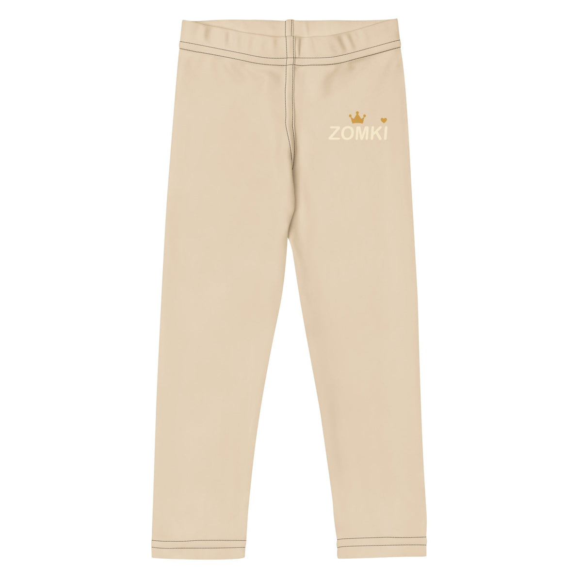 Maqueta del proveedor: leggings infantiles beige Printful 5301K con logotipo ZOMKI en crema y dorado.
