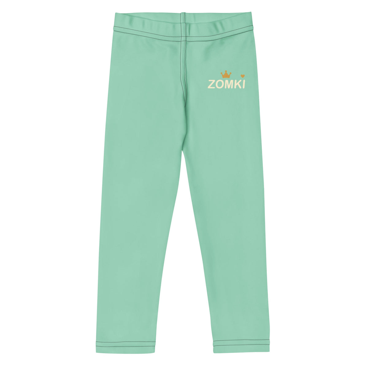 Maqueta del proveedor: leggings infantiles menta Printful 5301K con logotipo ZOMKI en crema y dorado.