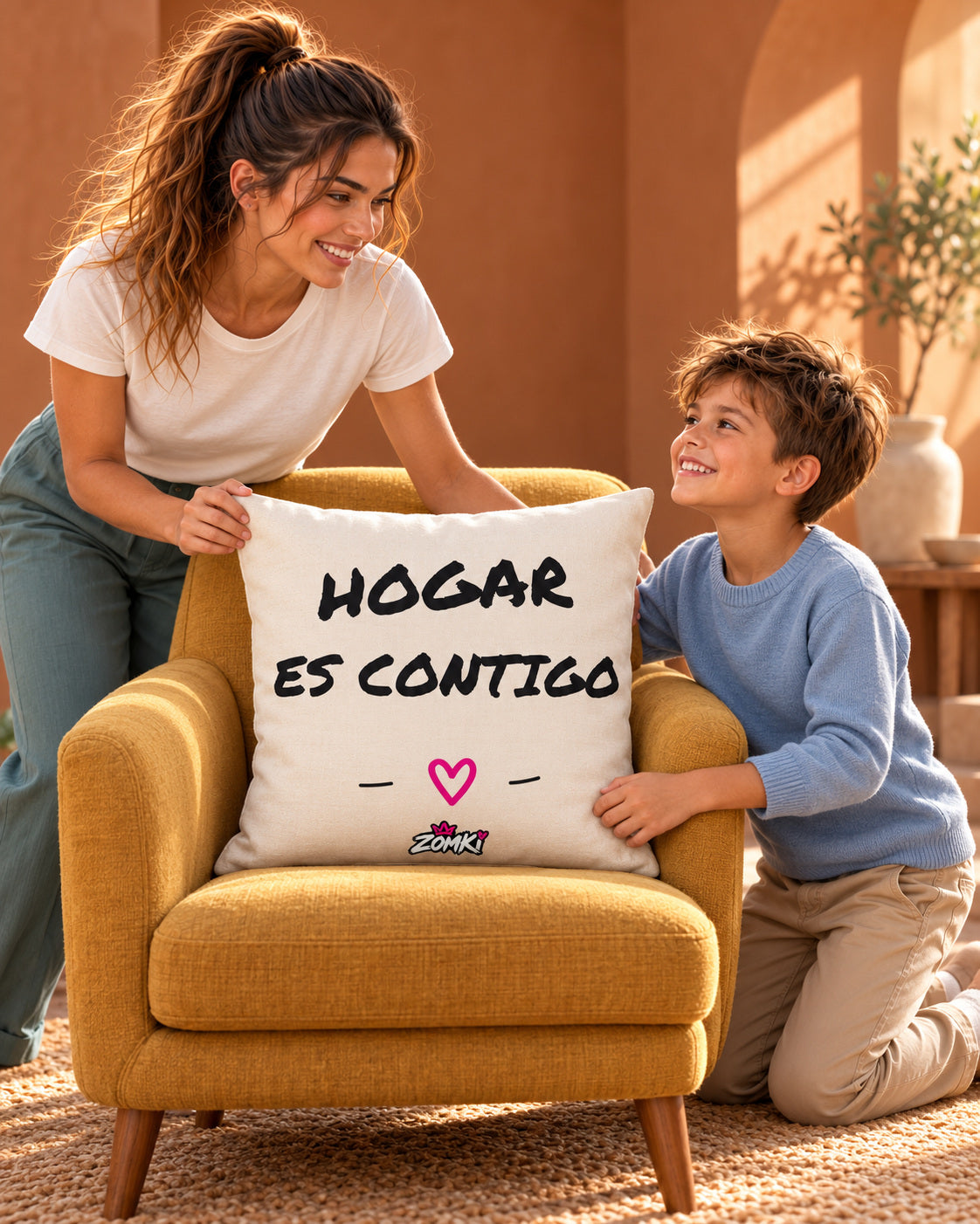 Modelos oficiales mujer y niño ZOMKI colocando el cojín «Hogar es contigo» de 45 × 45 cm en un sillón mostaza.