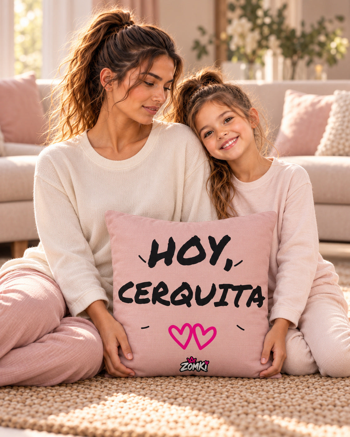 Modelos oficiales mujer y niña ZOMKI con el cojín rosa «Hoy, cerquita» de 45 × 45 cm, en un rincón acogedor de casa.