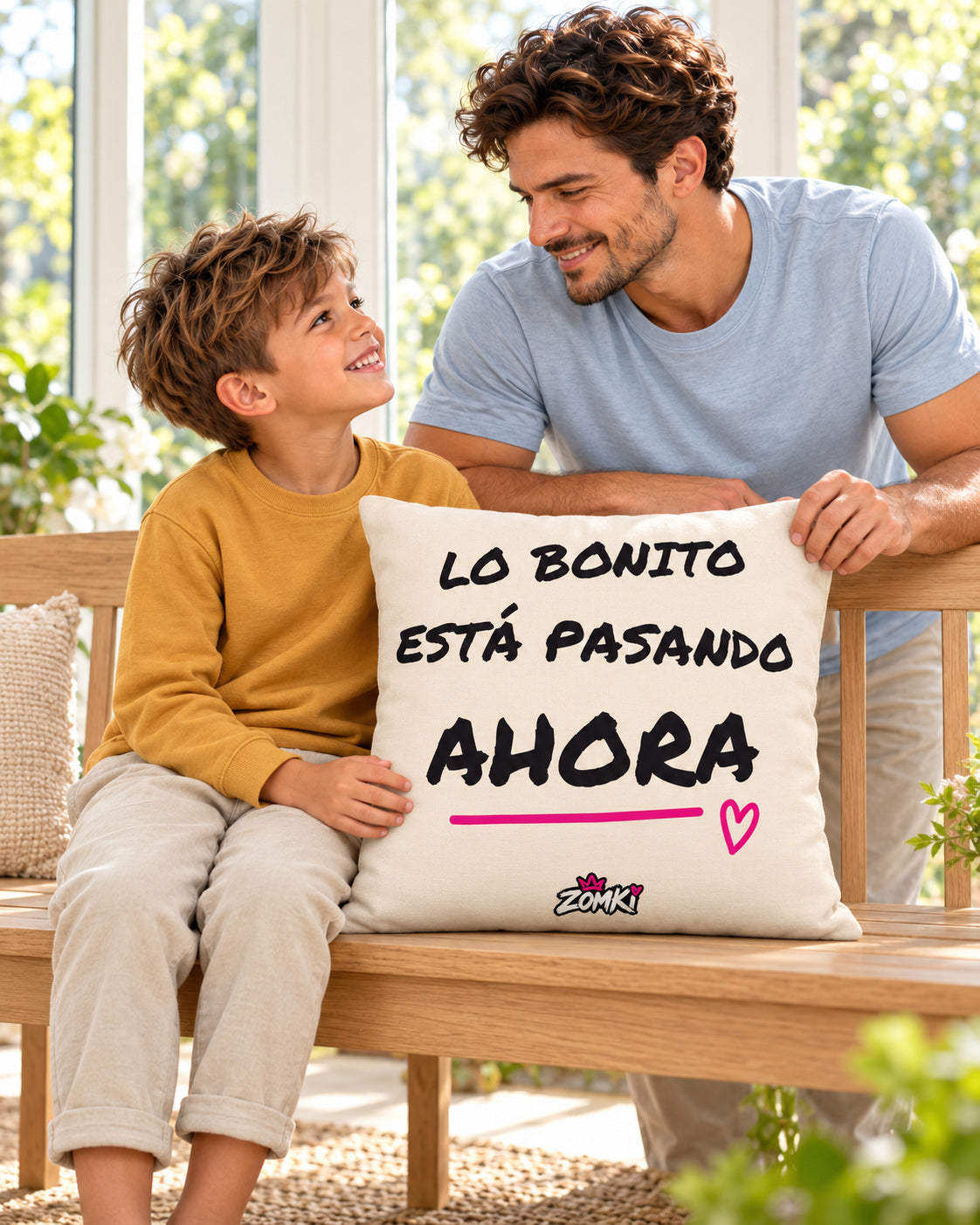 Modelos oficiales adulto y niño ZOMKI junto al cojín «Lo bonito está pasando ahora» de 45 × 45 cm, sobre un banco de madera.