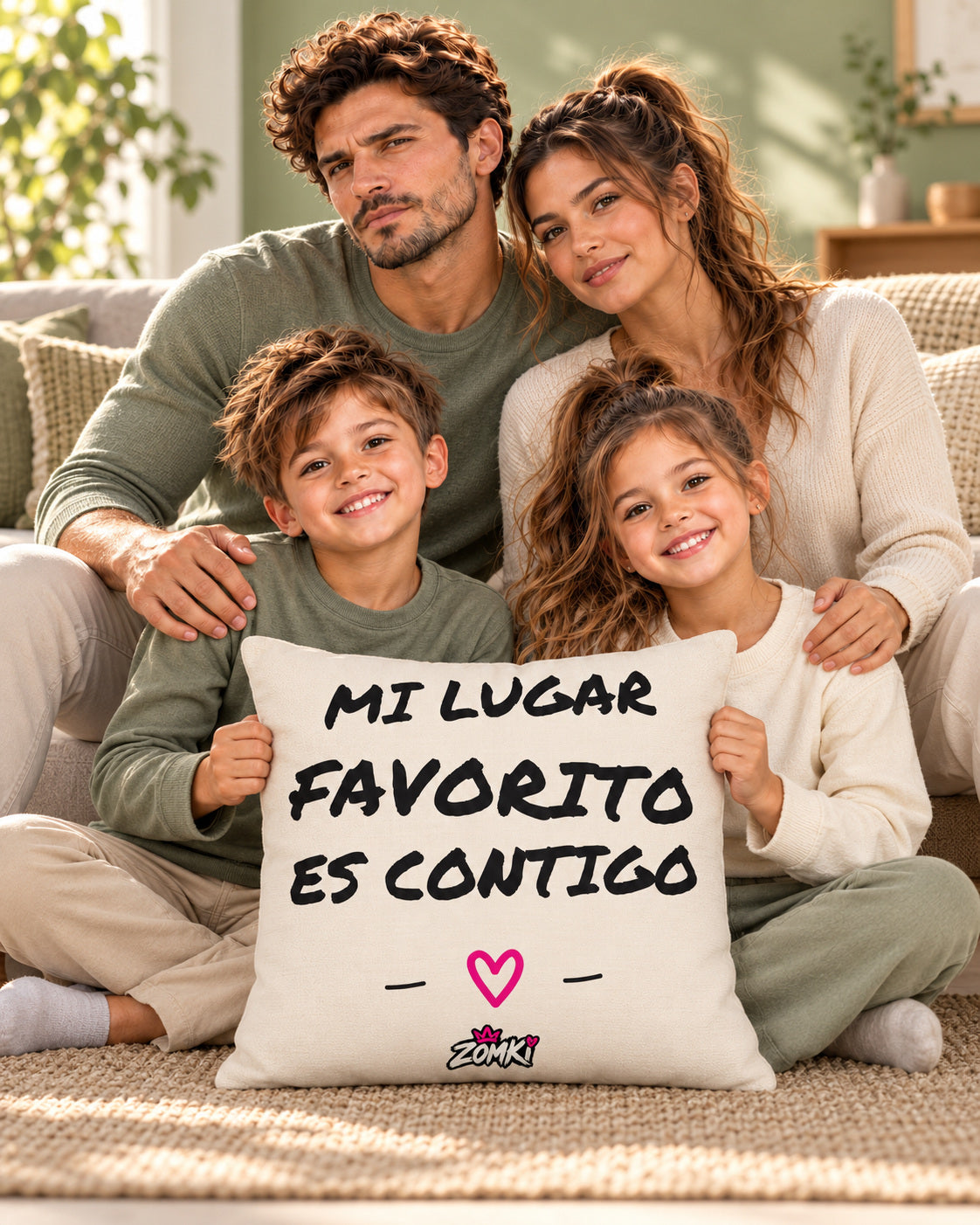 Modelos oficiales adultos e infantiles ZOMKI con el cojín «Mi lugar favorito es contigo» de 45 × 45 cm, en un salón luminoso.
