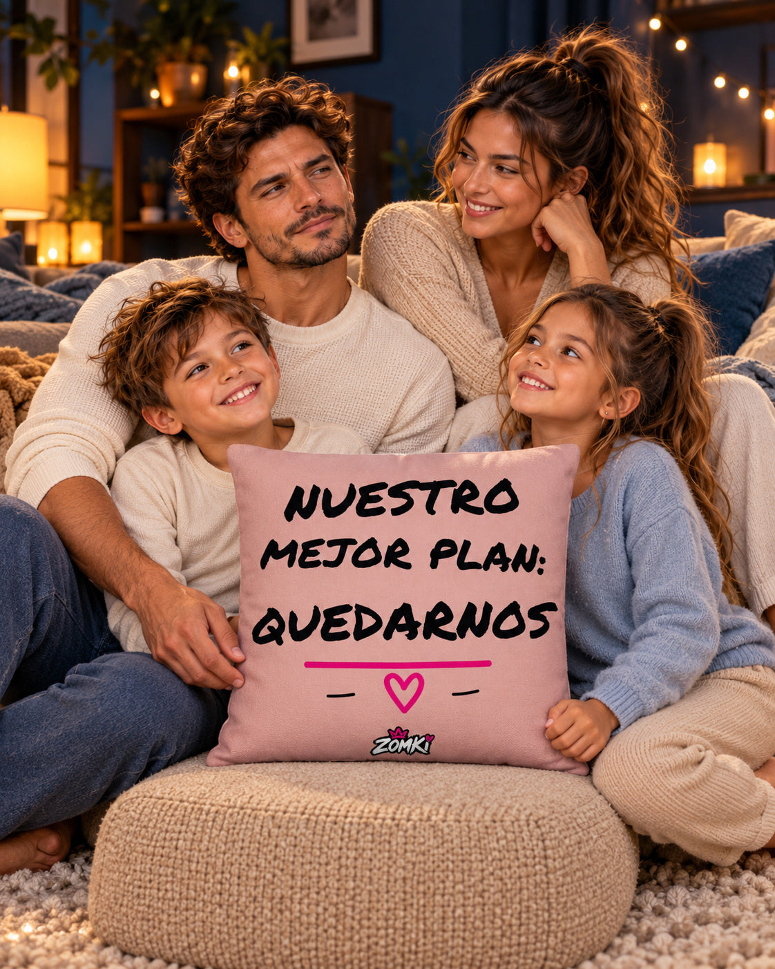 Modelos oficiales adultos e infantiles ZOMKI en una escena de noche en casa con el cojín «Nuestro mejor plan: quedarnos» de 45 × 45 cm.