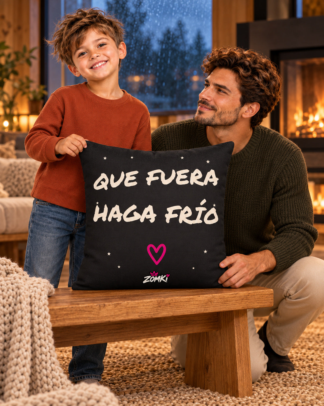 Modelos oficiales hombre y niño ZOMKI colocando el cojín negro «Que fuera haga frío» de 45 × 45 cm en un salón de invierno.