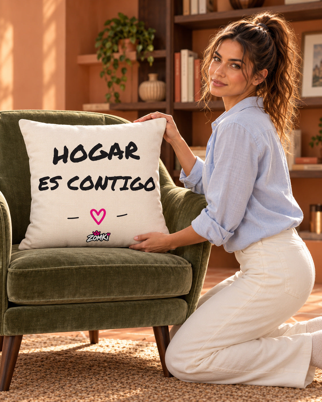 Modelo oficial ZOMKI colocando el cojín Refugio «Hogar es contigo» de 45 × 45 cm en un sillón verde, en un rincón de lectura.