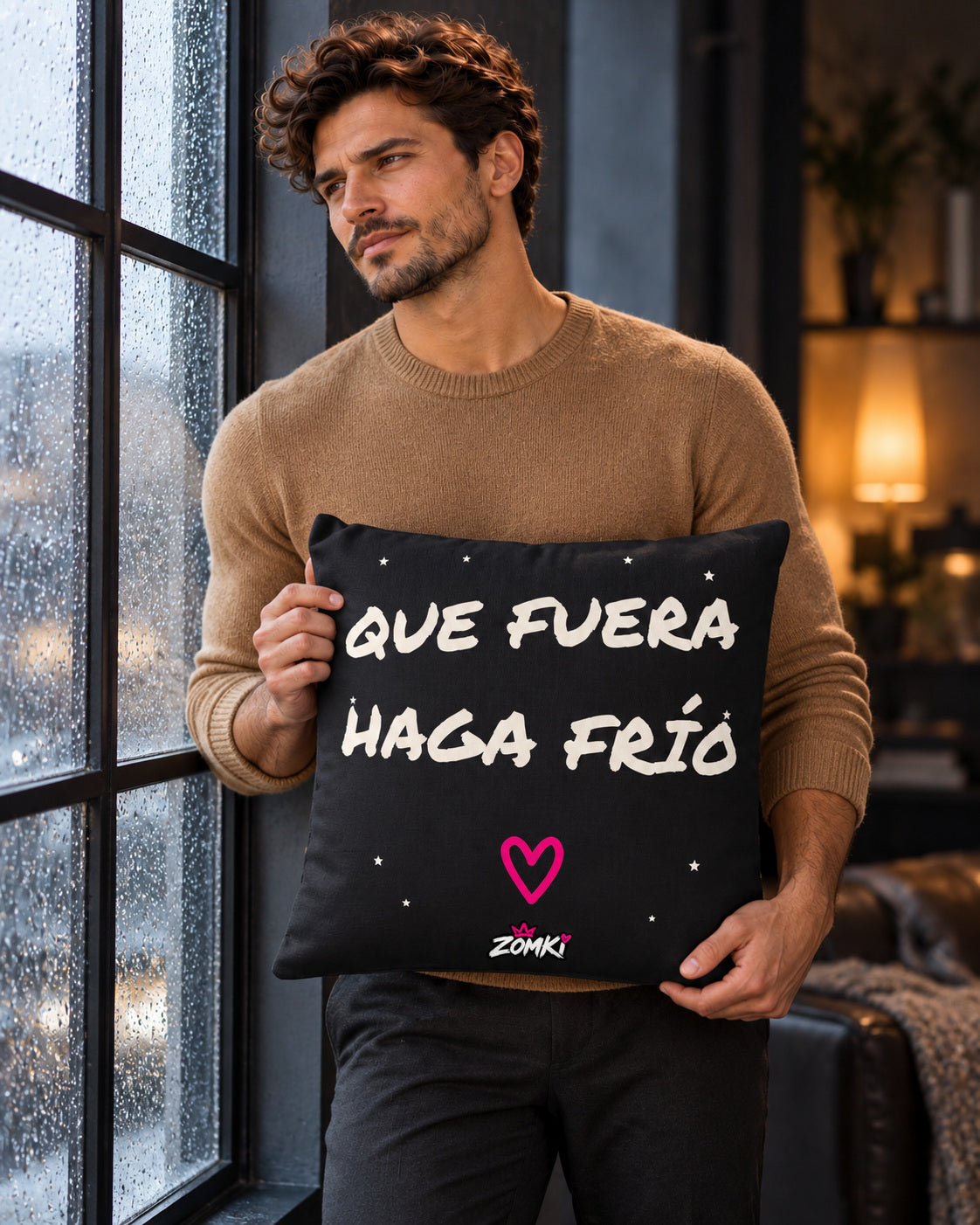 Modelo oficial ZOMKI de pie junto a una ventana con lluvia, mostrando el cojín Refugio «Que fuera haga frío» de 45 × 45 cm.