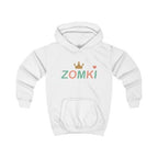 Maqueta del proveedor: sudadera infantil blanca AWDis JH001J con estampado ZOMKI menta y melocotón, corona y corazón.