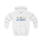 Maqueta frontal del proveedor: sudadera infantil blanca ZOMKI Corona Azul con órbitas y puntos junto al logotipo con corona y corazón.