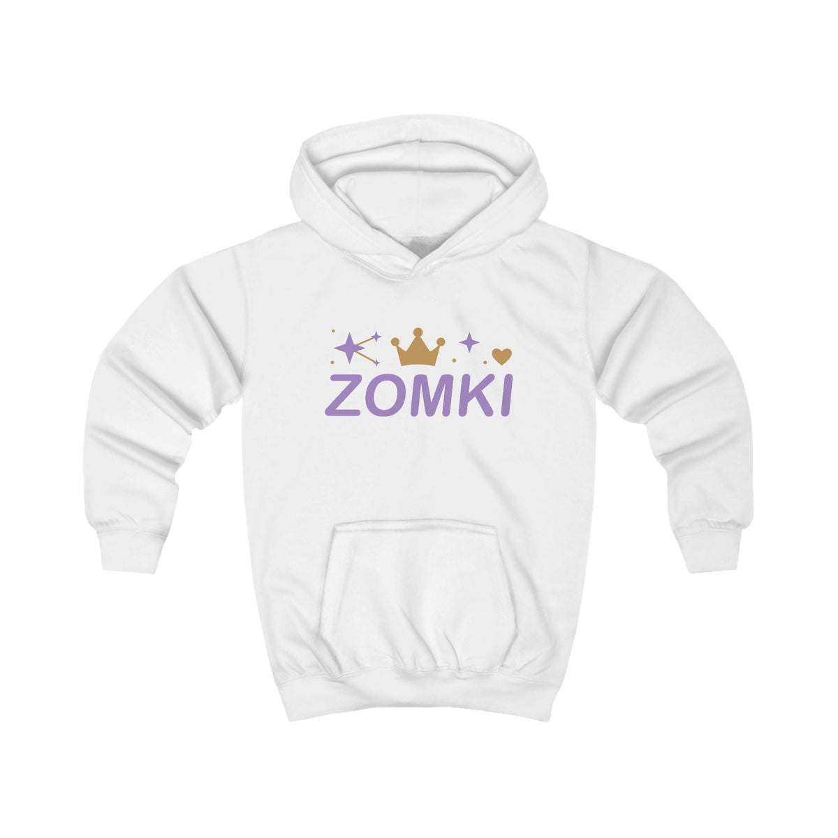 Maqueta frontal del proveedor: sudadera infantil blanca ZOMKI Corona Lavanda con constelación de estrellas junto a la corona y el corazón.