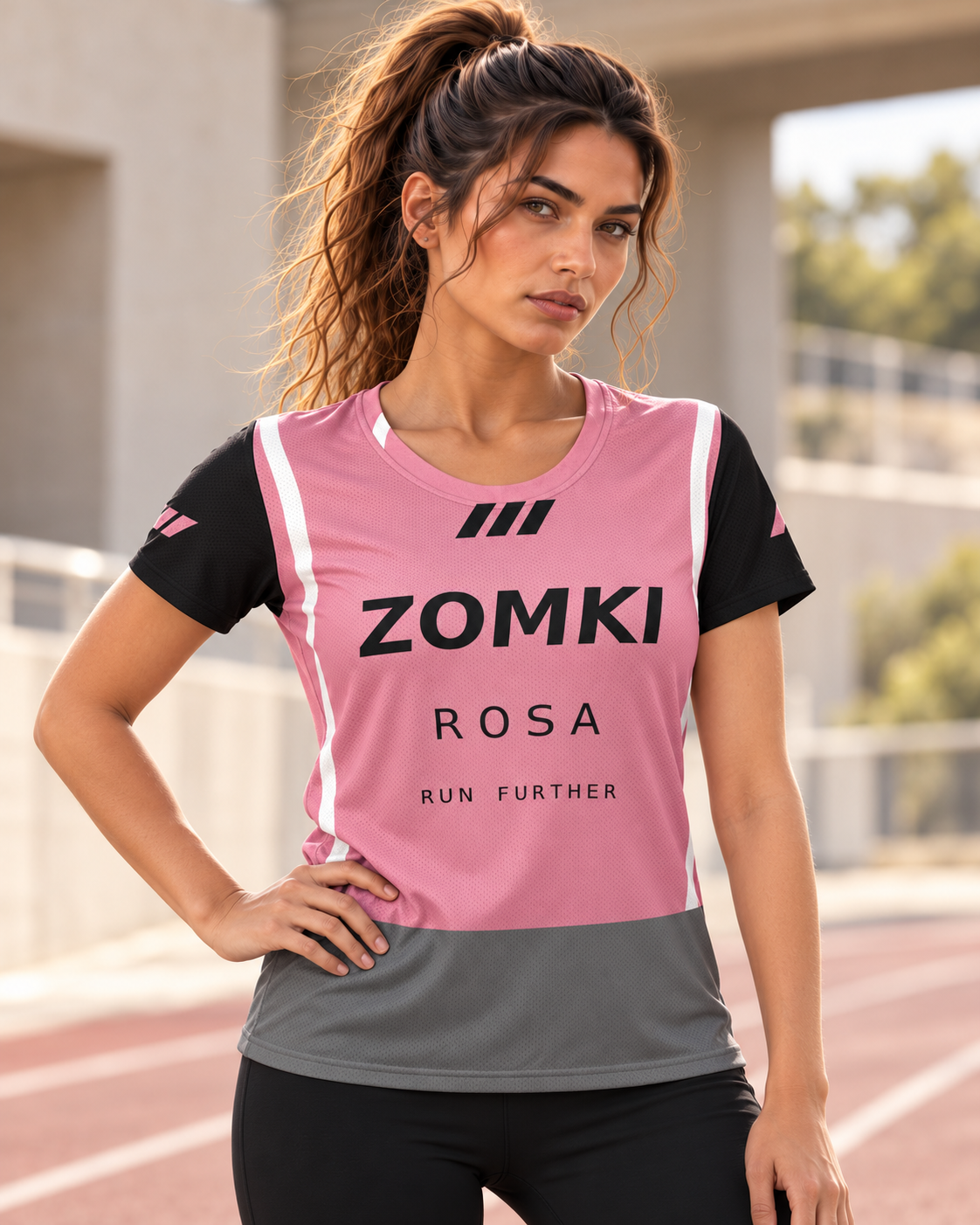 Modelo oficial ZOMKI con camiseta deportiva ROSA Curve Run. Se vende únicamente la camiseta. Visualización creada con IA; maquetas de producto en galería.
