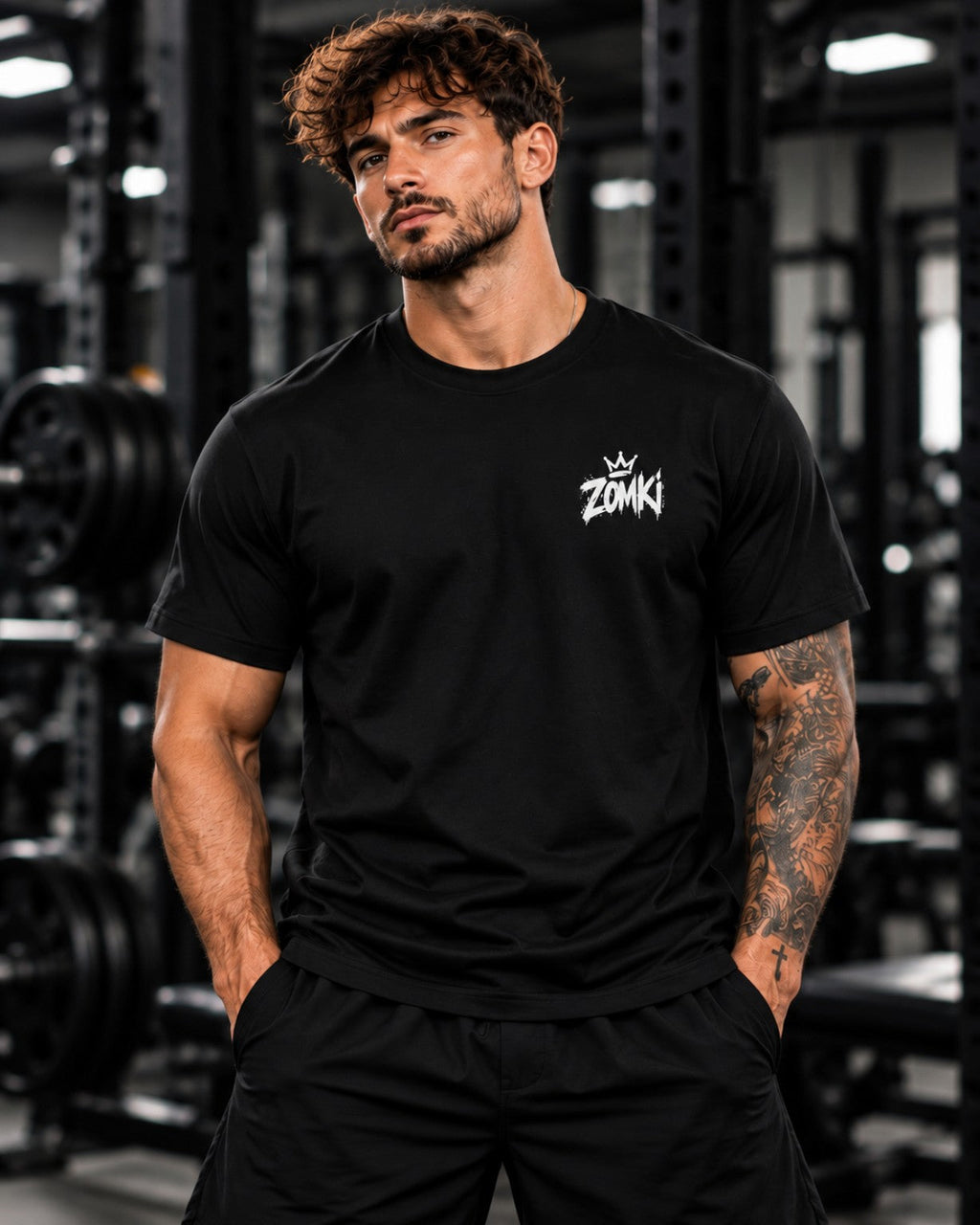 ZOMKI Gym Arriba los locos, modelo luciendo la parte delantera de la camiseta negra