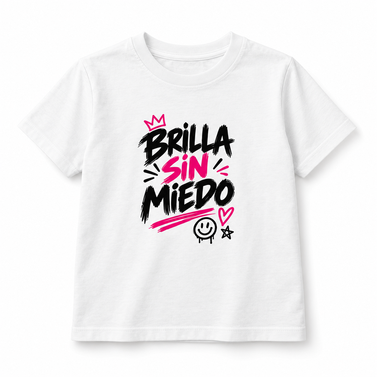 Camiseta infantil blanca ZOMKI Brilla sin Miedo, vista frontal con estampado actualizado
