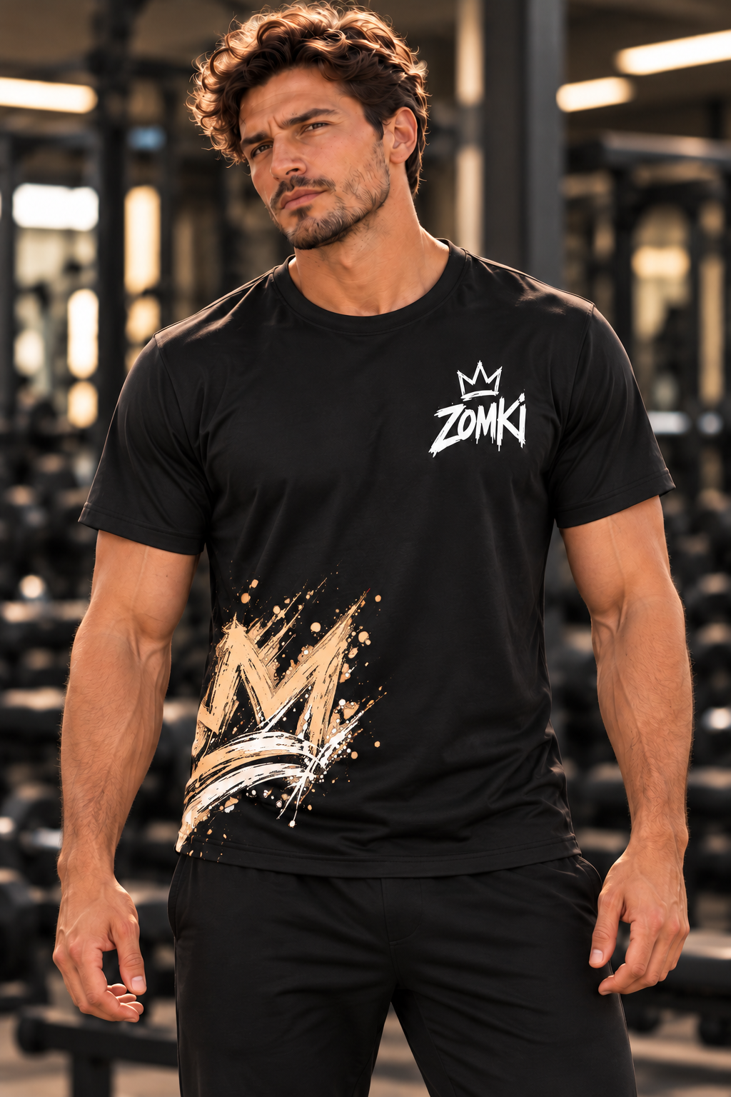 Visualización IA orientativa: modelo ZOMKI con camiseta Lo Mejor de manga corta y nueva corona grande; consultar maquetas oficiales para la prenda y los estampados reales.