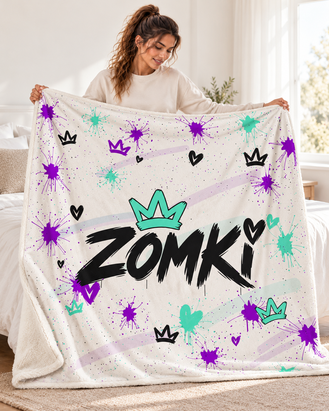 Modelo oficial ZOMKI de pie en dormitorio blanco mostrando la manta Mint Violet Blanco; corona y corazón sobre la i visibles.
