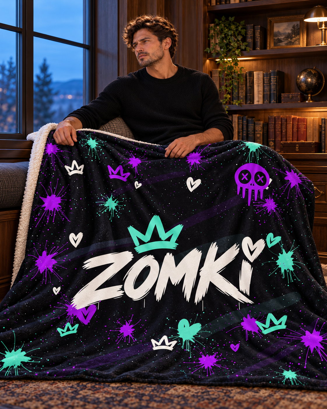 Modelo oficial ZOMKI sentado junto al ventanal de una biblioteca con la manta Mint Violet Negro; corona y corazón sobre la i visibles.
