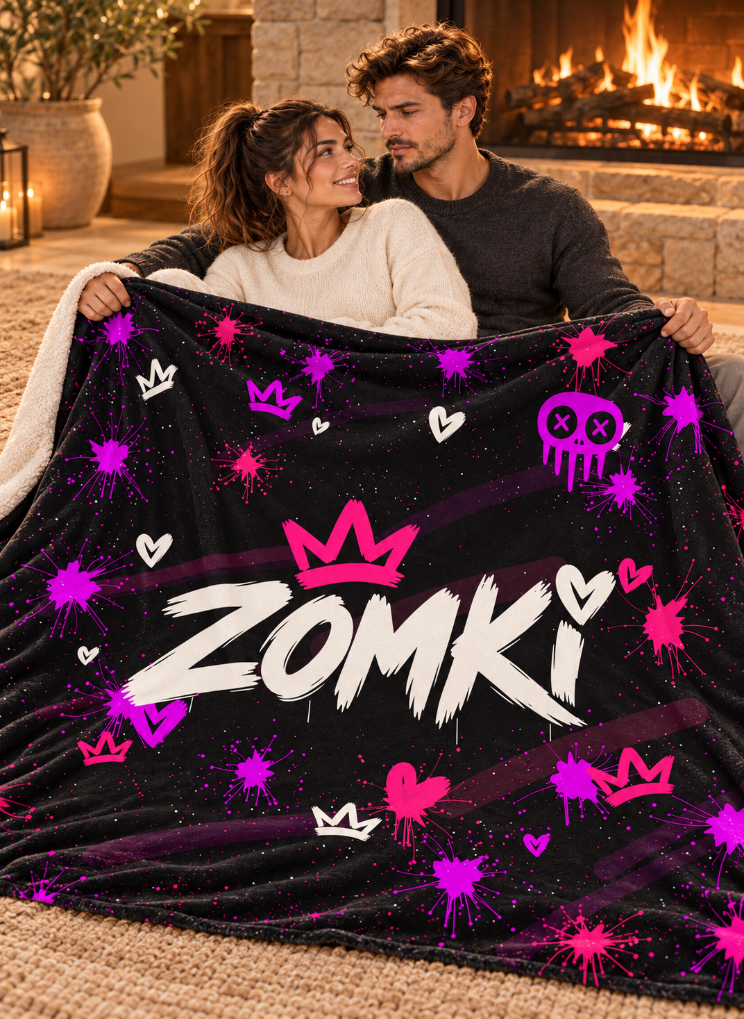 Pareja de modelos oficiales ZOMKI en alfombra junto a chimenea con la manta Pink Electric Negro; corona y corazón sobre la i visibles.