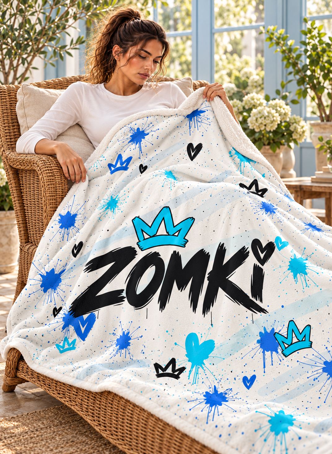 Modelo oficial ZOMKI recostada en chaise de ratán en un jardín de invierno con manta sherpa Blue Ice Blanco y logotipo completo con corona y corazón.