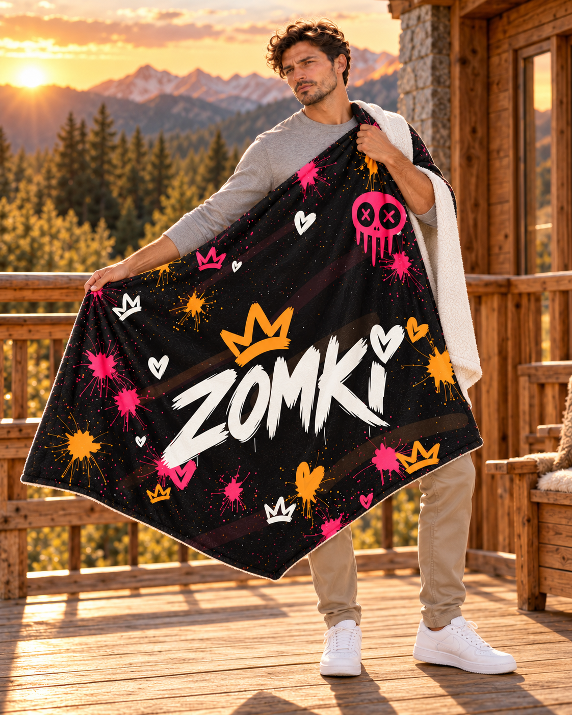 Modelo oficial ZOMKI en pose asimétrica con manta Orange Sunset sobre un hombro, desplegada lateralmente en terraza de montaña al atardecer.