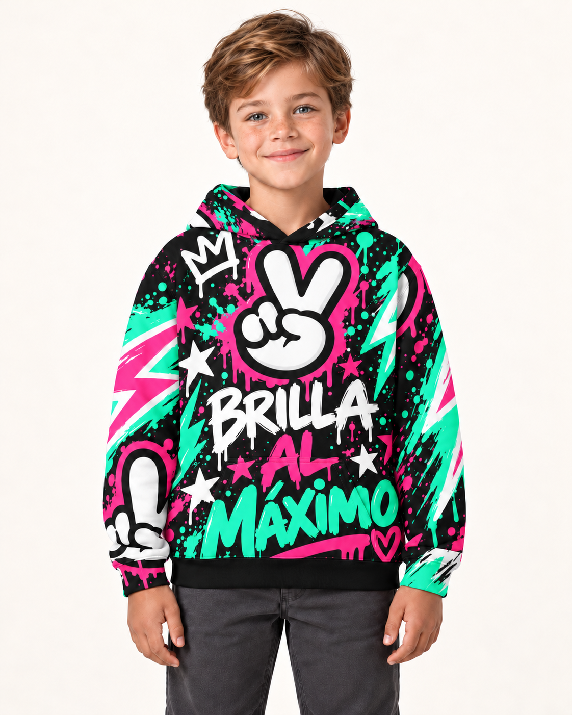 Nuevo modelo infantil niño generado con IA con Sudadera juvenil ZOMKI Max Power