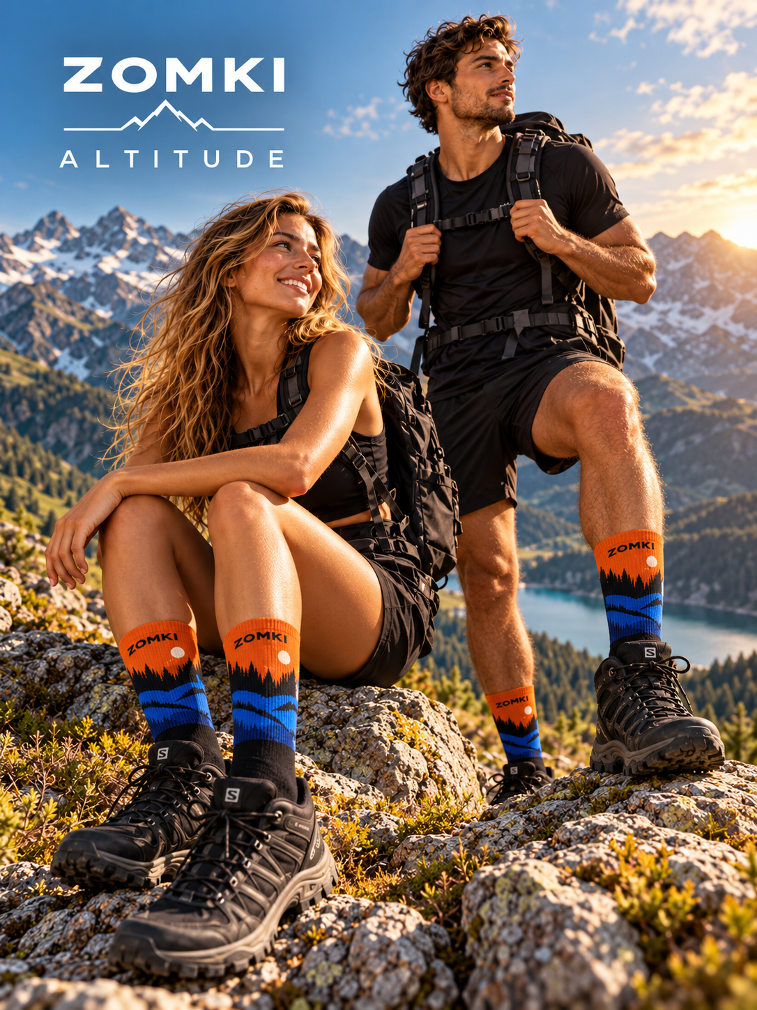 Imagen promocional generada con IA: modelos hombre y mujer con calcetines ZOMKI Mountain Altitude en la montaña