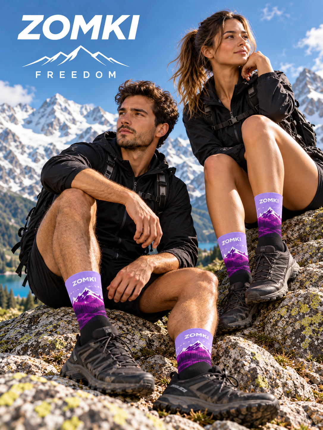 Portada con dos modelos usando calcetines ZOMKI Freedom; recreación publicitaria con IA