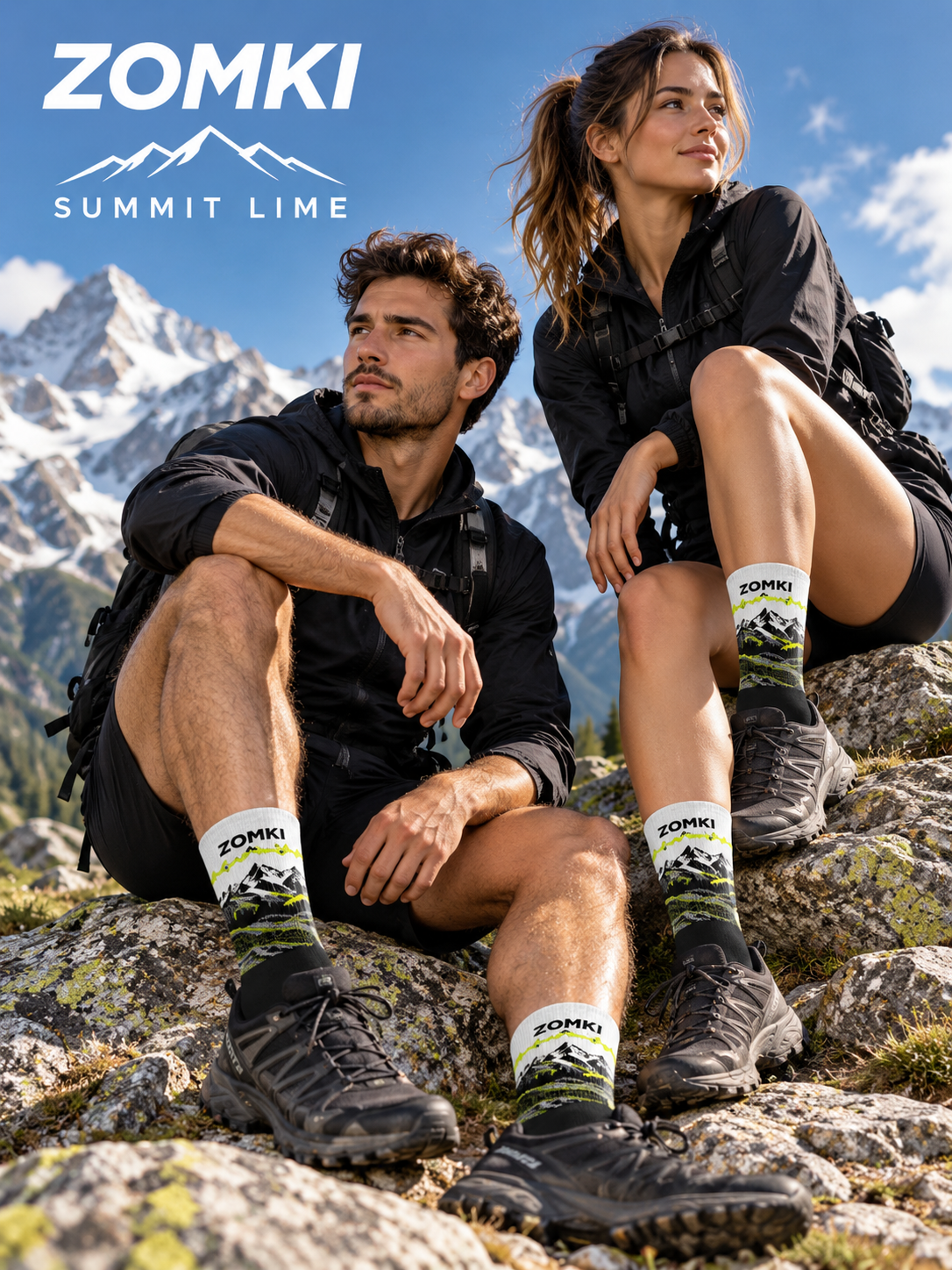 Portada con dos modelos usando calcetines ZOMKI Summit Lime; recreación publicitaria con IA