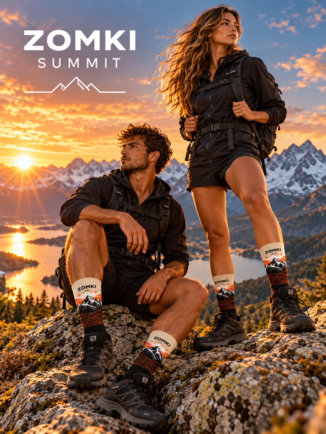 Recreación promocional con IA de hombre y mujer con calcetines ZOMKI Mountain Summit en la montaña