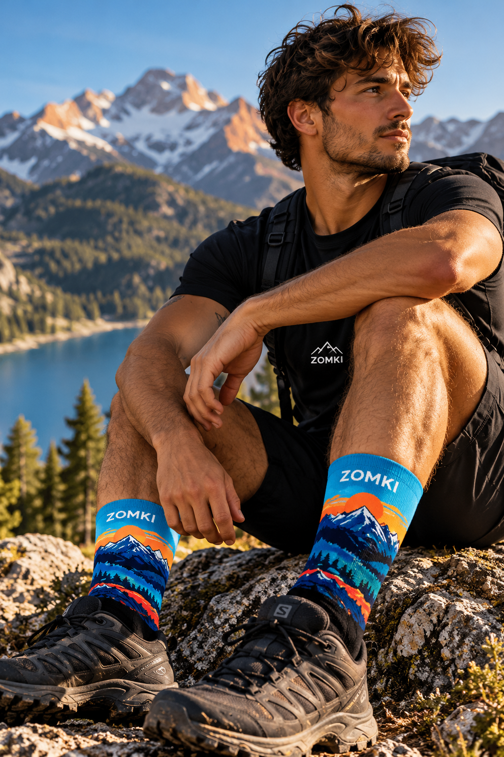 Imagen promocional generada con IA de modelo masculino con calcetines ZOMKI Mountain Trail en paisaje alpino
