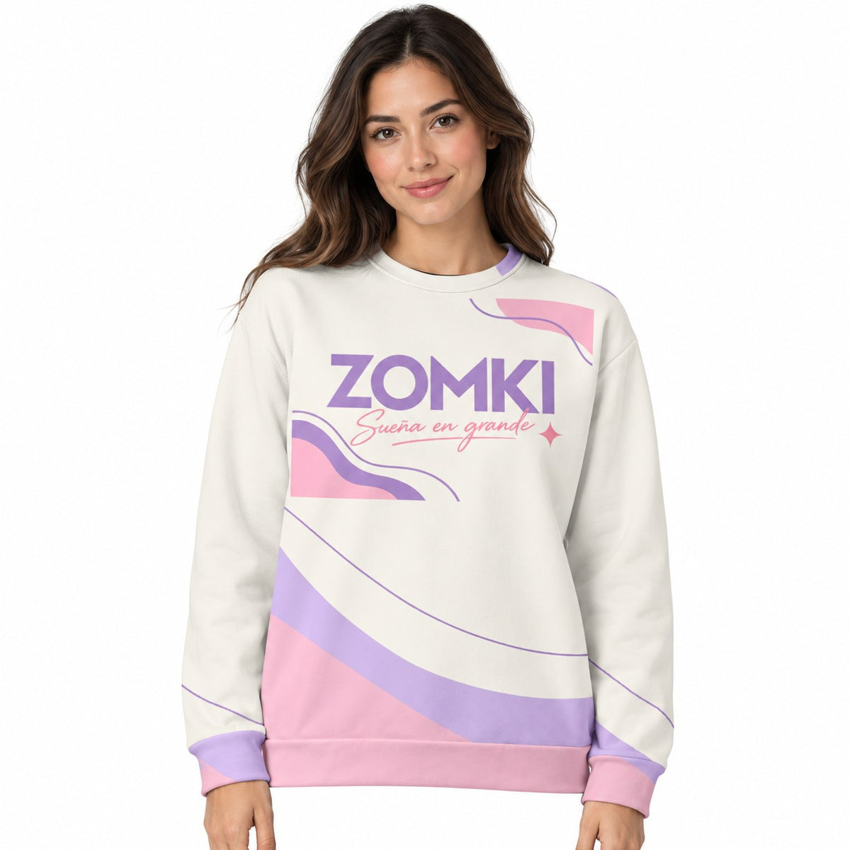 Sudadera ZOMKI Pastel Flow · Rosa y lila en modelo adulto; se vende solo la sudadera. Imagen generada con IA.