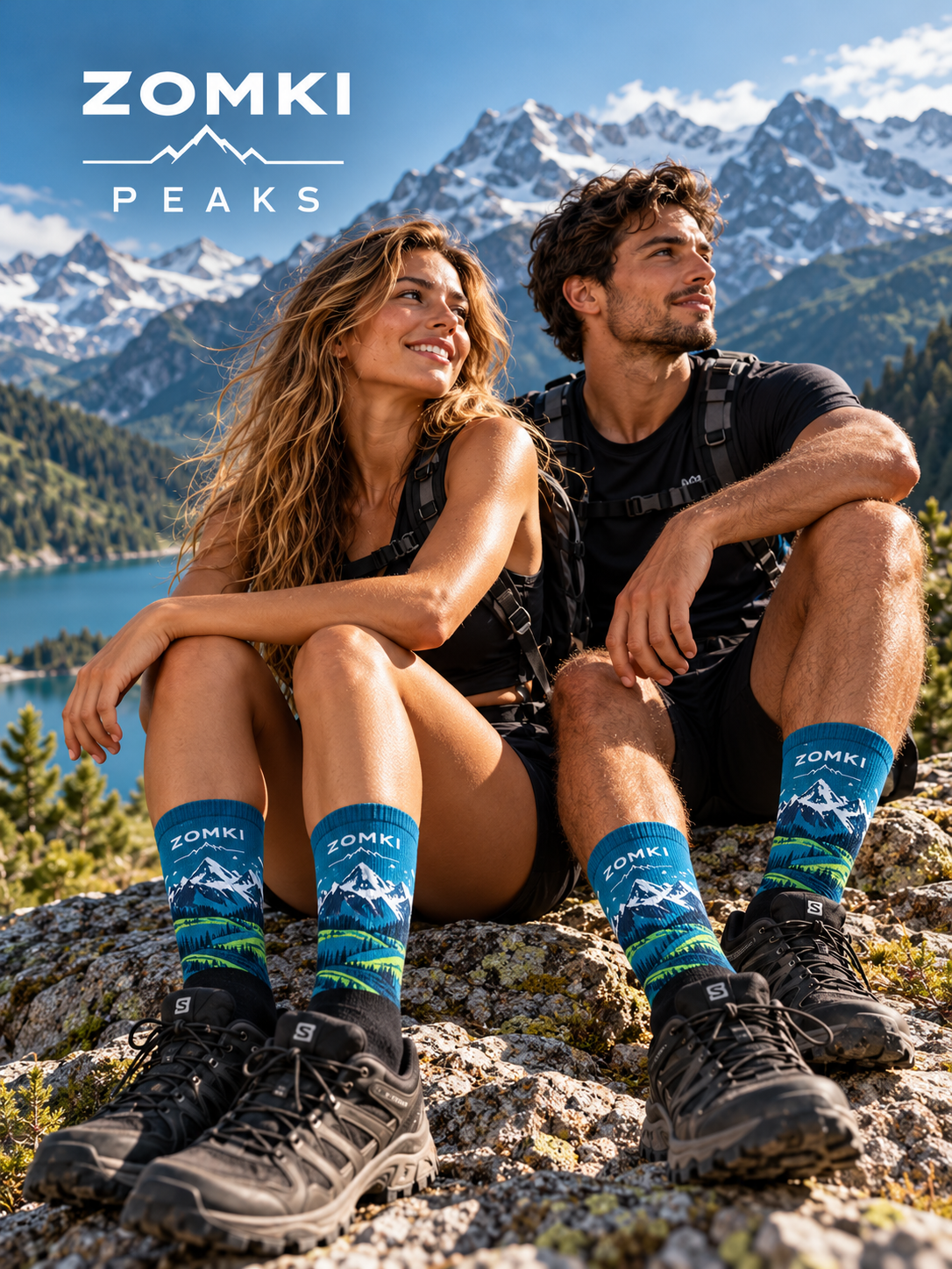 Imagen ilustrativa generada con IA: modelos con calcetines ZOMKI Mountain Peaks junto a montañas nevadas