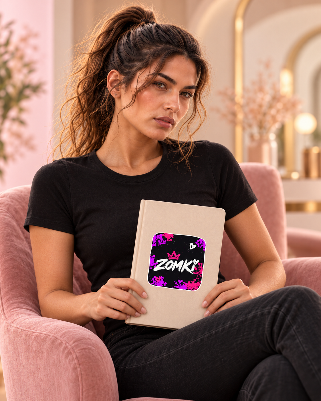 Modelo oficial ZOMKI sentada en sillón rosa con la pegatina individual Pink Electric Negro colocada en un cuaderno de atrezo.