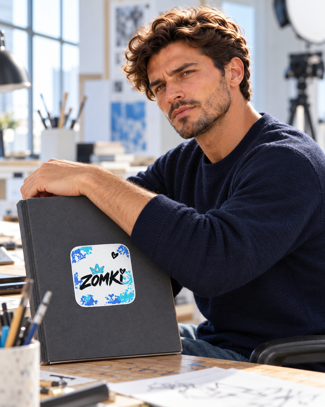 Modelo oficial ZOMKI sentado en taller fotográfico con pegatina Blue Ice sobre cuaderno gris; corona y corazón sobre la i.