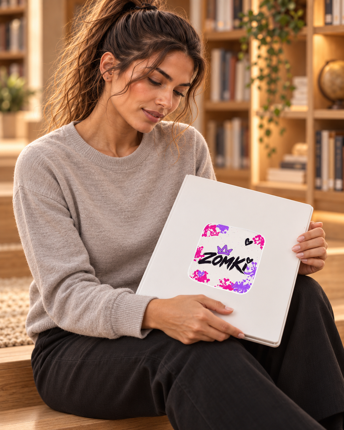 Modelo oficial ZOMKI sentada en biblioteca con pegatina Purple Pink sobre carpeta blanca; corona y corazón sobre la i.