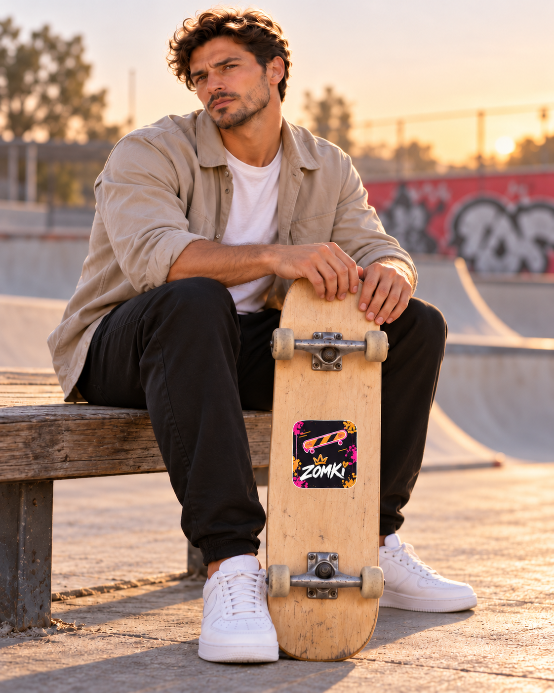 Modelo oficial ZOMKI sentado de lado en un banco de skatepark con una pegatina Skate Riot de unos10cm sobre la tabla, corona y corazón sobre la i visibles.