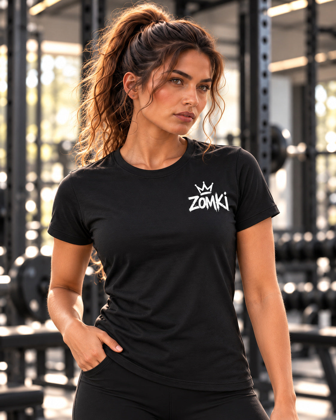 Camiseta mujer ZOMKI Gym · Arriba los locos, en modelo femenina oficial ZOMKI. Se vende únicamente esta prenda. Imagen creada con IA; maquetas de producto en galería.
