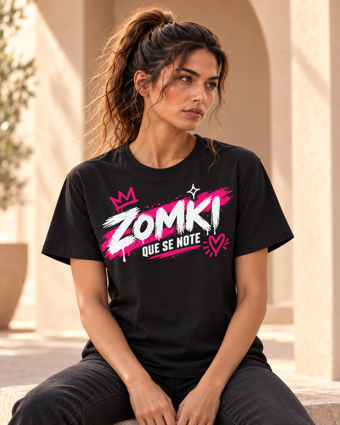 Camiseta ZOMKI Que se note · Negra, en modelo femenina oficial ZOMKI. Se vende únicamente esta prenda. Imagen creada con IA; maquetas de producto en galería.