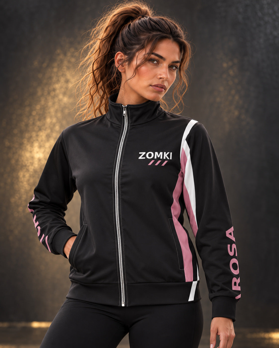 Chaqueta deportiva ZOMKI ROSA · Curve Run, en modelo femenina oficial ZOMKI. Se vende únicamente esta prenda. Imagen creada con IA; maquetas de producto en galería.