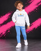 Conjunto infantil ZOMKI Corona · Azul · Sudadera + leggings, en modelo masculino oficial ZOMKI. Se vende el conjunto de dos prendas. Imagen creada con IA; maquetas de producto en galería.