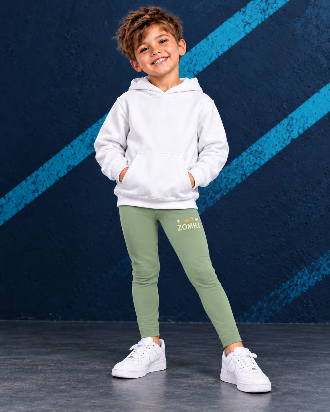 Leggings infantiles ZOMKI Corona · Verde salvia, en modelo masculino oficial ZOMKI. Se vende únicamente esta prenda. Imagen creada con IA; maquetas de producto en galería.