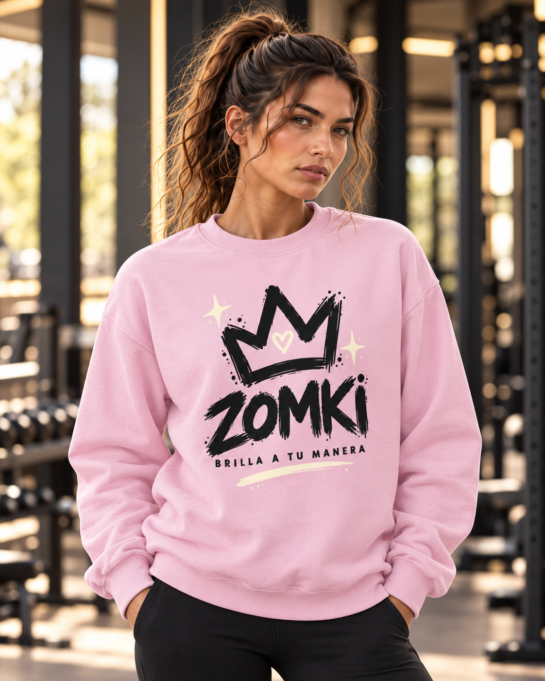 Sudadera ZOMKI Brilla a tu manera · Rosa, en modelo femenina oficial ZOMKI. Se vende únicamente esta prenda. Imagen creada con IA; maquetas de producto en galería.