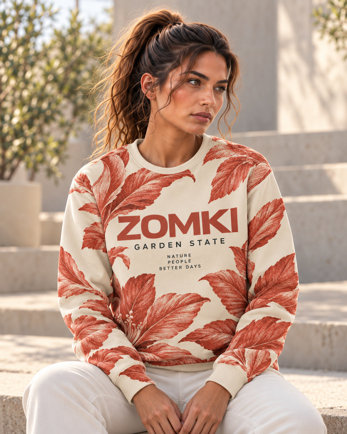 Sudadera ZOMKI Garden State · Crema y terracota, en modelo femenina oficial ZOMKI. Se vende únicamente esta prenda. Imagen creada con IA; maquetas de producto en galería.