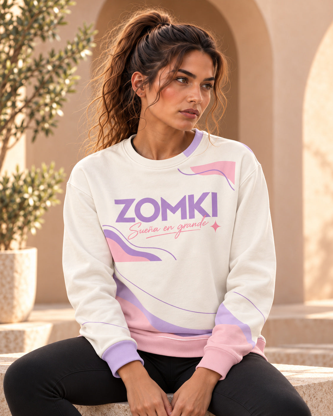 Sudadera ZOMKI Pastel Flow · Rosa y lila, en modelo femenina oficial ZOMKI. Se vende únicamente esta prenda. Imagen creada con IA; maquetas de producto en galería.