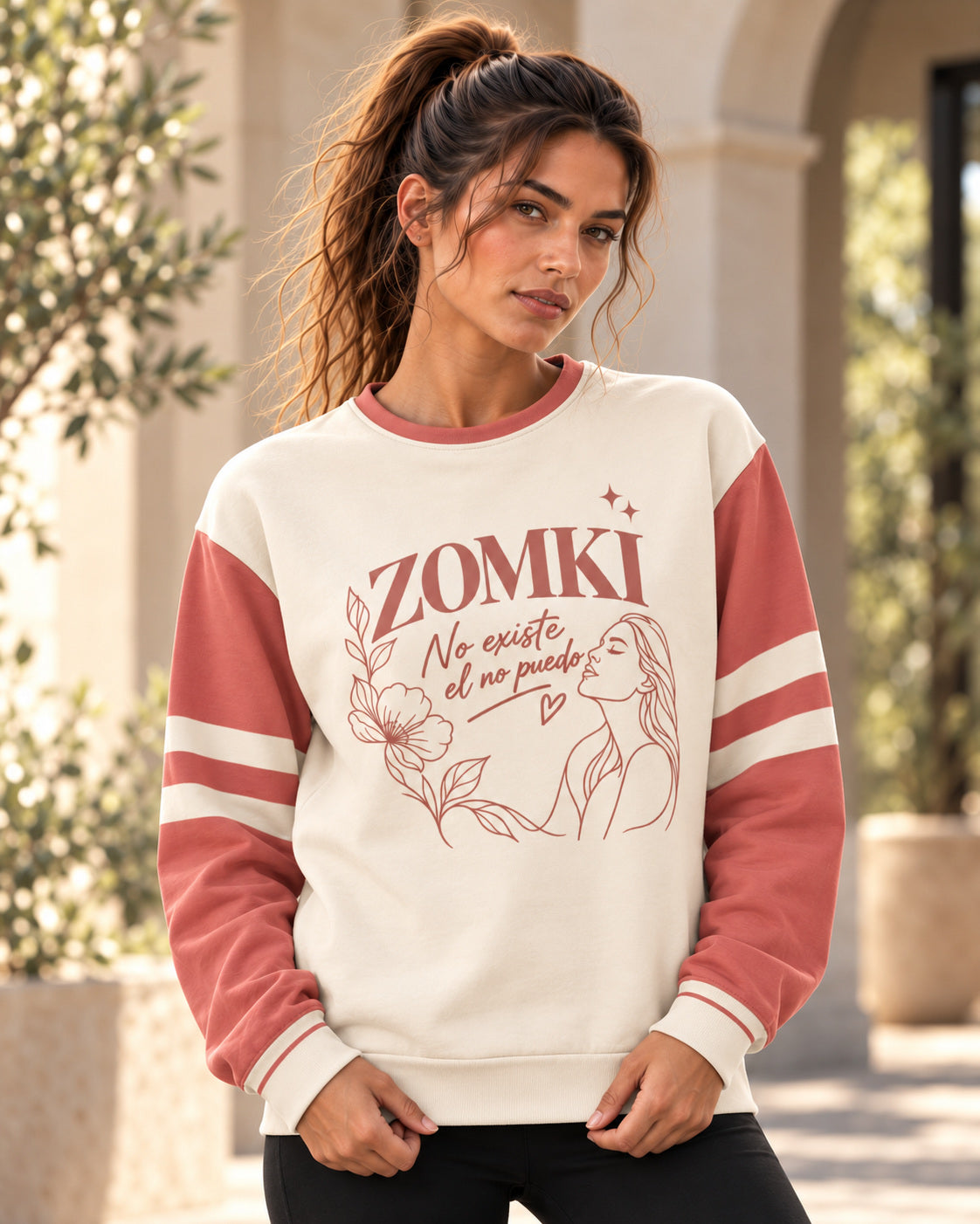 Sudadera ZOMKI Rosa Botánica · Crema, en modelo femenina oficial ZOMKI. Se vende únicamente esta prenda. Imagen creada con IA; maquetas de producto en galería.