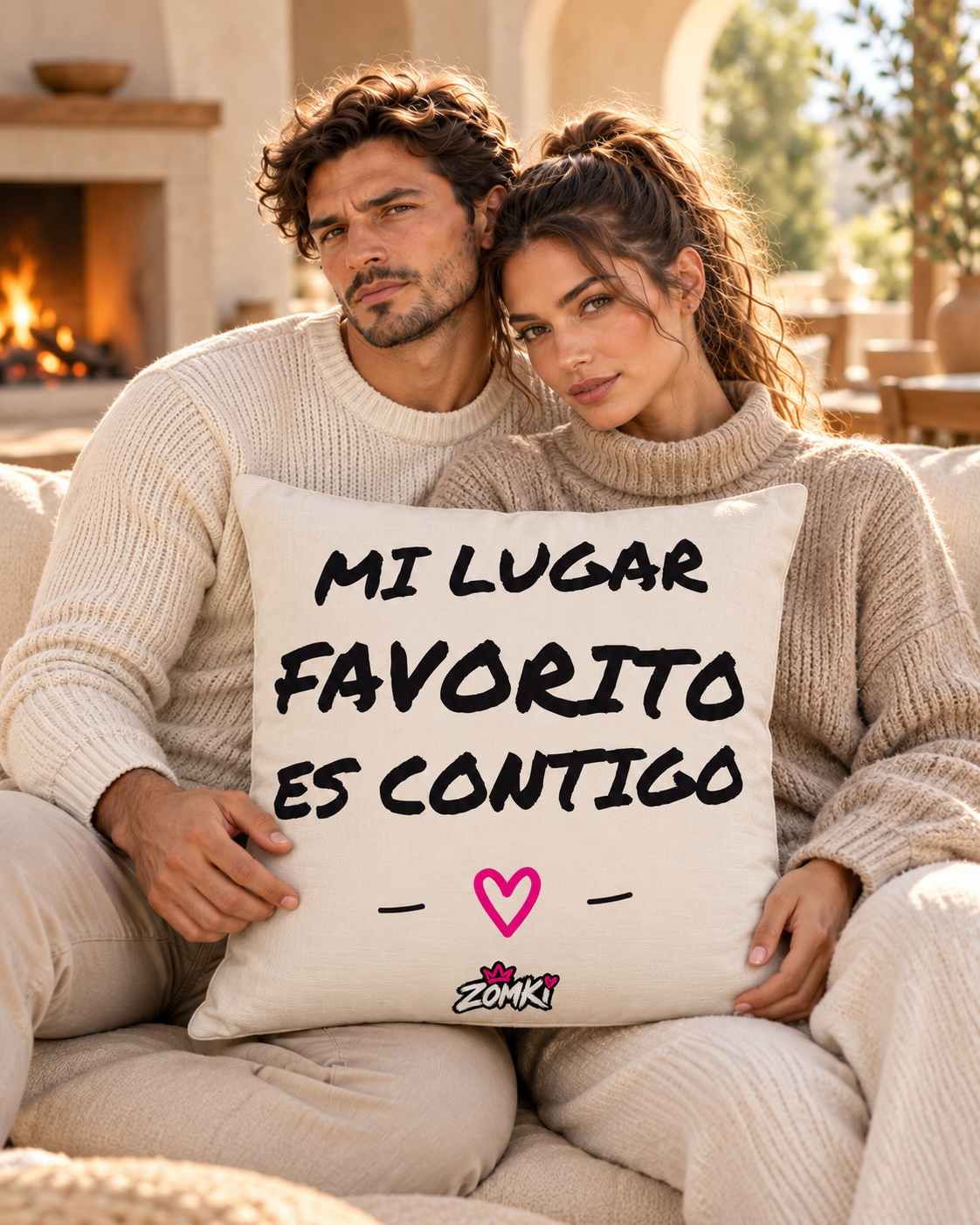 Modelos oficiales ZOMKI con el cojín premium Refugio «MI LUGAR FAVORITO ES CONTIGO» de 45,7 × 45,7 cm, con relleno incluido.