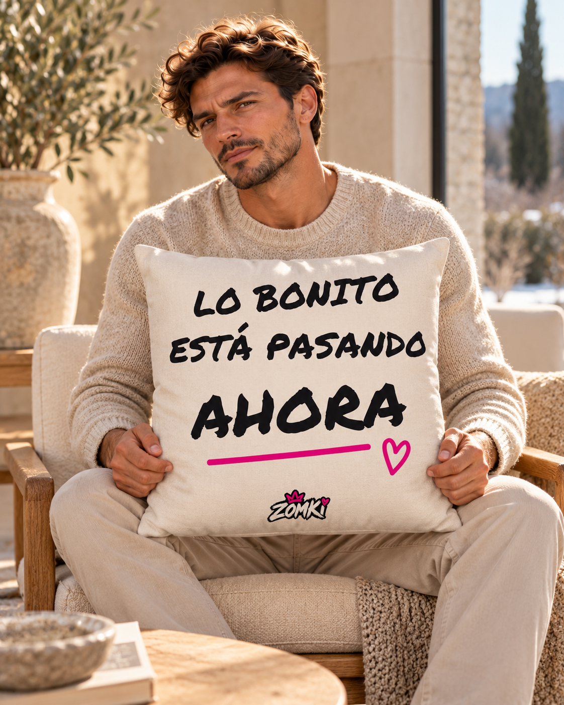 Modelos oficiales ZOMKI con el cojín premium Refugio «LO BONITO ESTÁ PASANDO AHORA» de 45,7 × 45,7 cm, con relleno incluido.