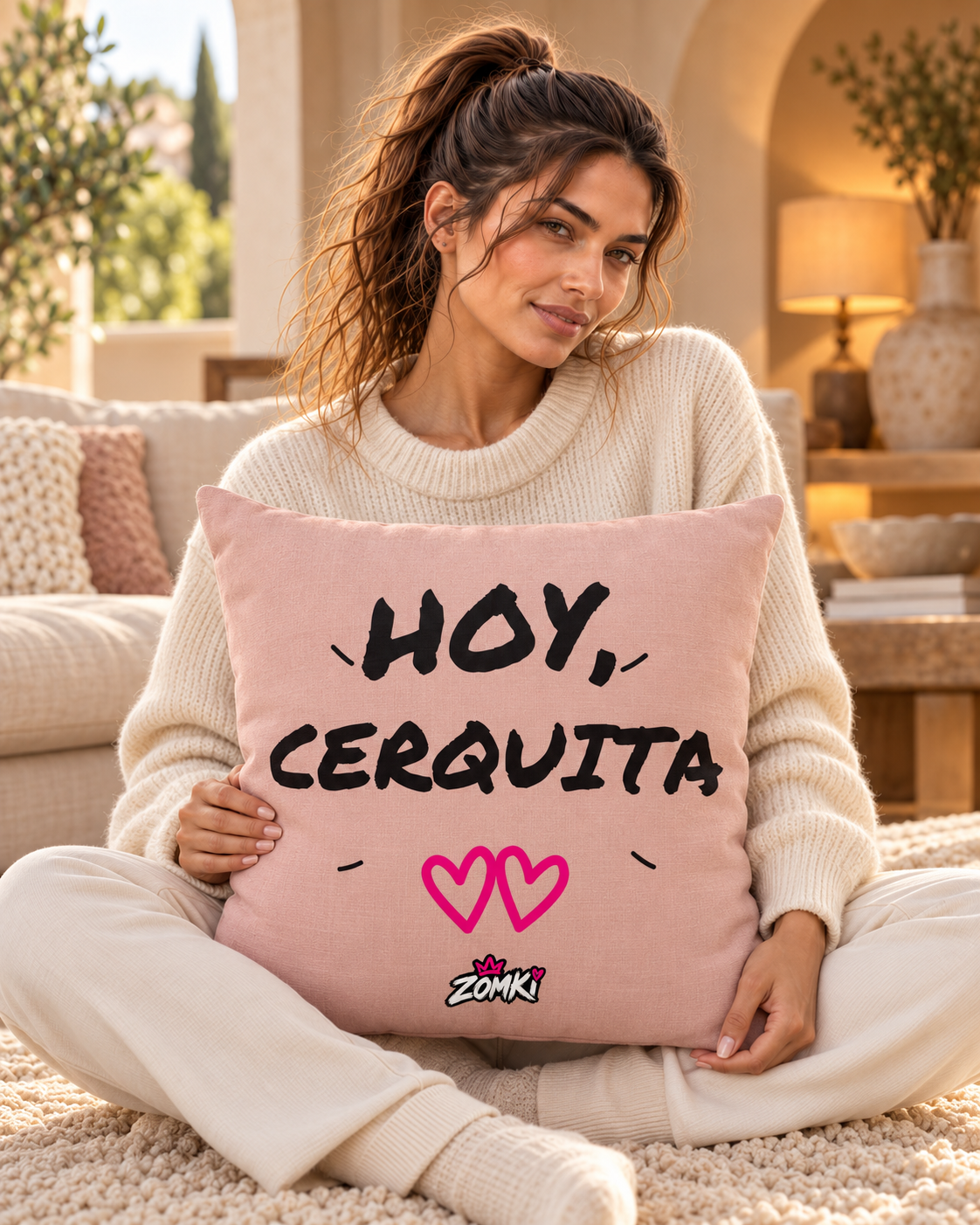Modelos oficiales ZOMKI con el cojín premium Refugio «HOY, CERQUITA» de 45,7 × 45,7 cm, con relleno incluido.