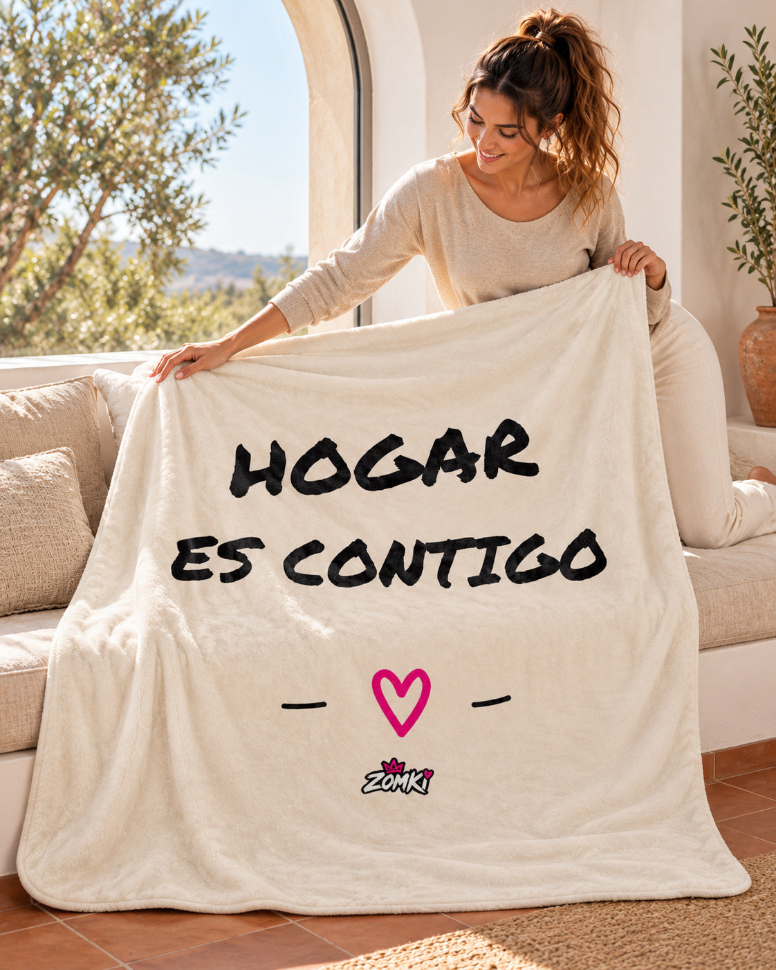 Manta sherpa ZOMKI Refugio «Hogar es contigo», con modelo ZOMKI junto a un ventanal. Se vende únicamente la manta de 127 × 153 cm. Imagen de ambientación creada con IA; maquetas del producto en la galería.