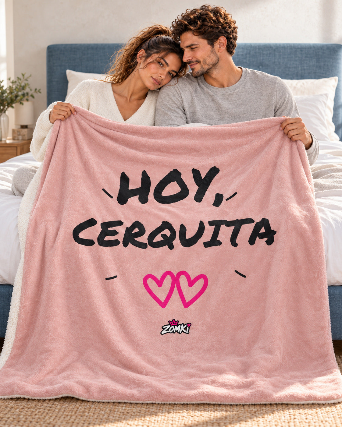 Manta sherpa ZOMKI Refugio «Hoy, cerquita», con pareja ZOMKI en un dormitorio. Se vende únicamente la manta de 127 × 153 cm. Imagen de ambientación creada con IA; maquetas del producto en la galería.