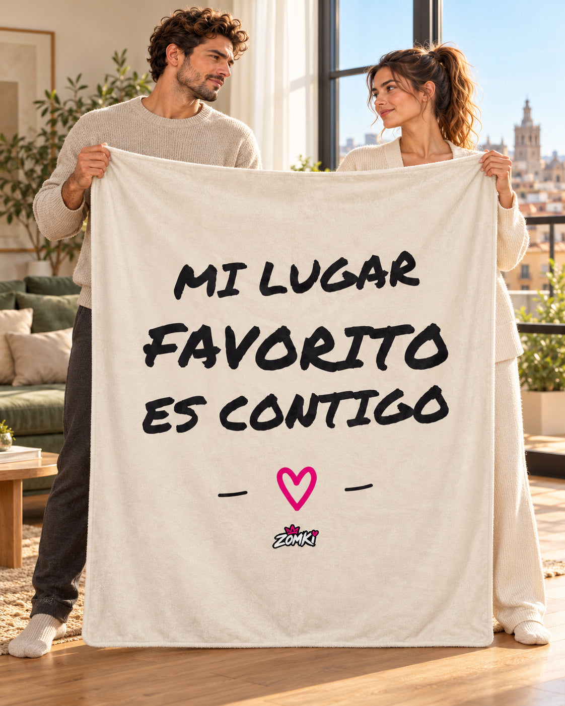 Manta sherpa ZOMKI Refugio «Mi lugar favorito es contigo», con pareja de pie en un salón luminoso. Se vende únicamente la manta de 127 × 153 cm. Imagen de ambientación creada con IA; maquetas del producto en la galería.