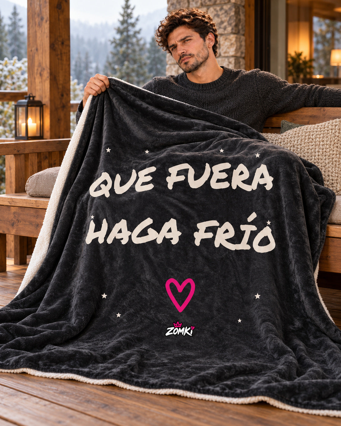 Manta sherpa ZOMKI Refugio «Que fuera haga frío», con modelo ZOMKI en un porche de invierno. Se vende únicamente la manta de 127 × 153 cm. Imagen de ambientación creada con IA; maquetas del producto en la galería.